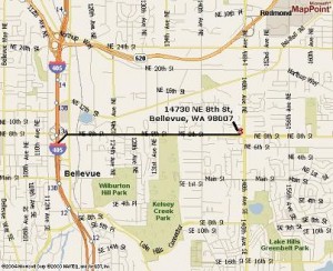 Map showing 34720 NE 80th St, Bellevue, WA 98007 with nearby parks and highways I-405 and 520.